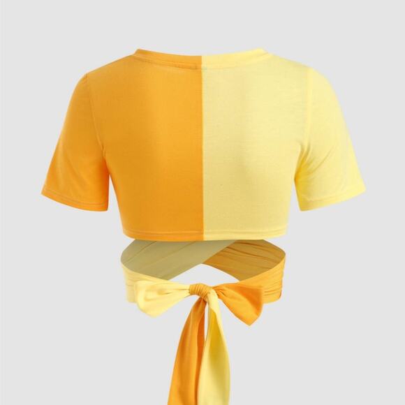 Cider Color Block Tie Front Crop Top Graphic Tee Short Sleeve Casual T Shirt Med - Picture 2 of 8